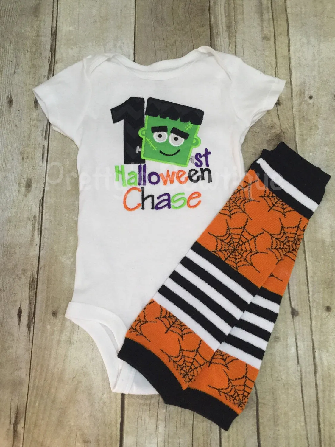 1st Halloween Frankenstein personalized boys outfit bodysuit or shirt and legwarmers. Halloween outfit