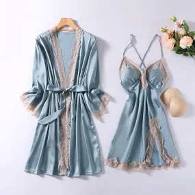 2 Pcs Satin Women's Nightgown Robe V-Neck Sleepwear Set - D215 Blue