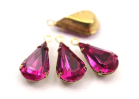 5 Fuchsia Swarovski Crystal Drop with Raw Brass Prong Setting 13x8 mm  Y310 Y062