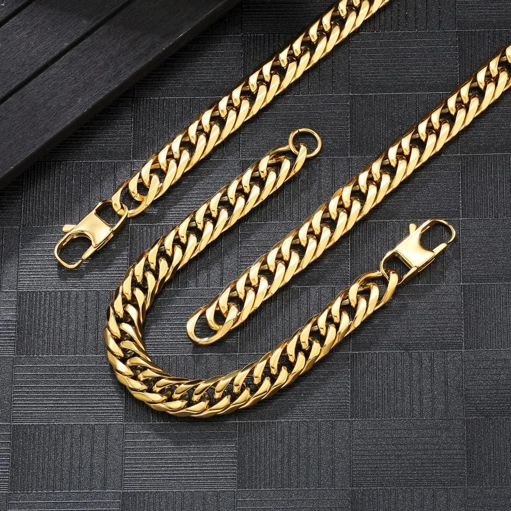 6-Sided | 12mm Miami Cuban Link Chain and Bracelet Set in 18K Gold KRKC