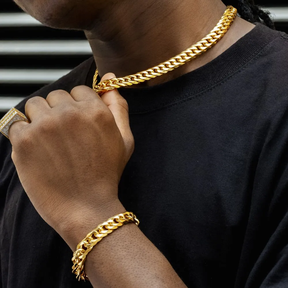 6-Sided | 12mm Miami Cuban Link Chain and Bracelet Set in 18K Gold KRKC