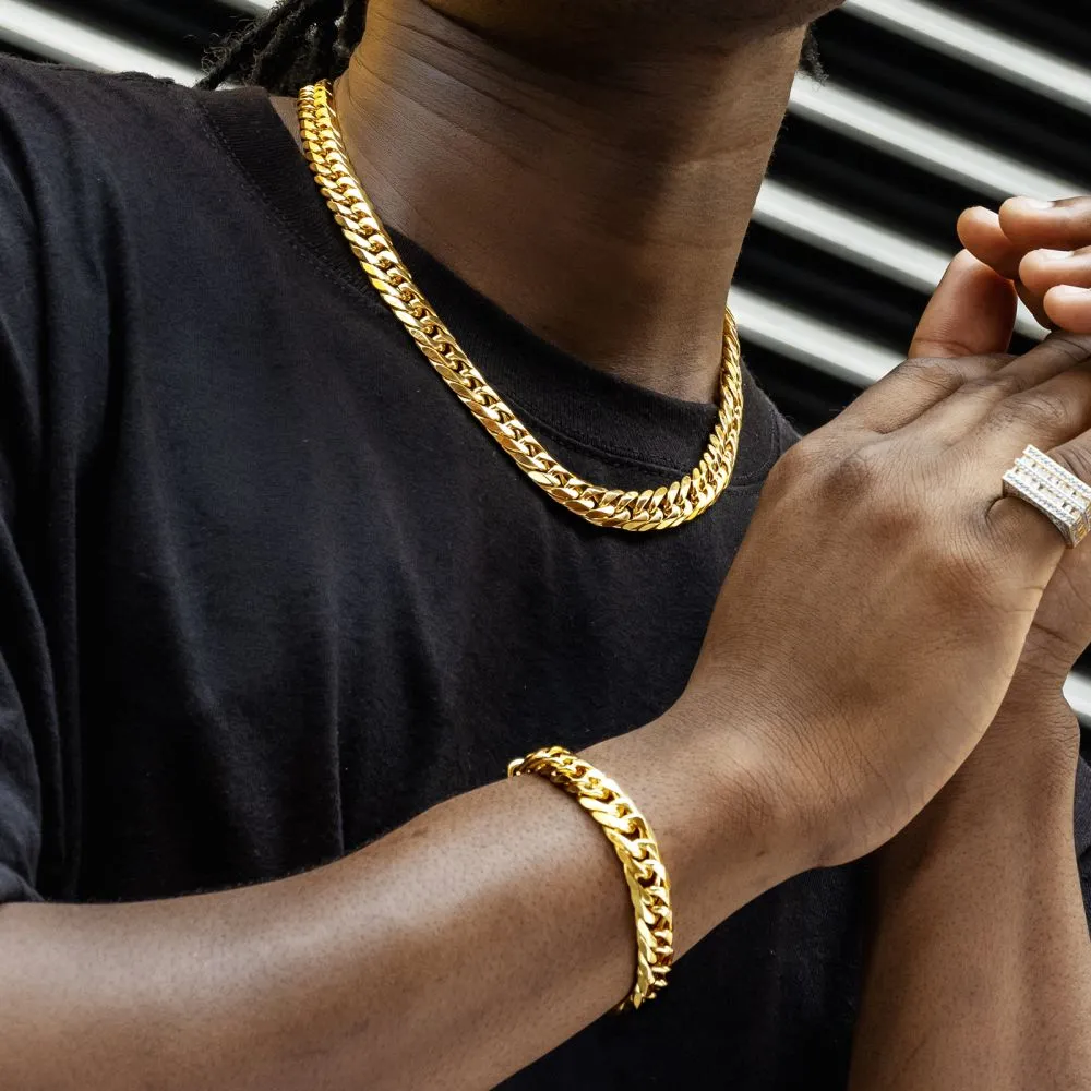 6-Sided | 12mm Miami Cuban Link Chain and Bracelet Set in 18K Gold KRKC