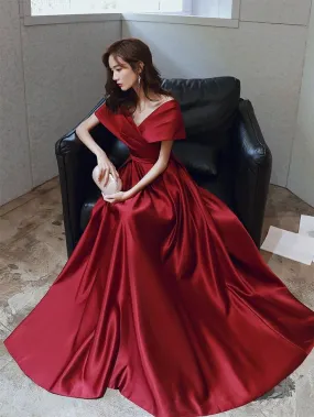 A-line Evening Dress V-neck Prom Gown Short Cap-sleeve Party Robe Long Satin Formal Women Custom-made Dress Y4574