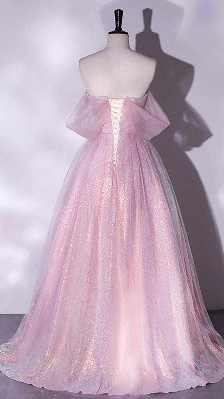 A-Line Sweetheart Neck Tulle Sequin Pink Long Prom Dress, Pink Tulle Formal Dress Y4483