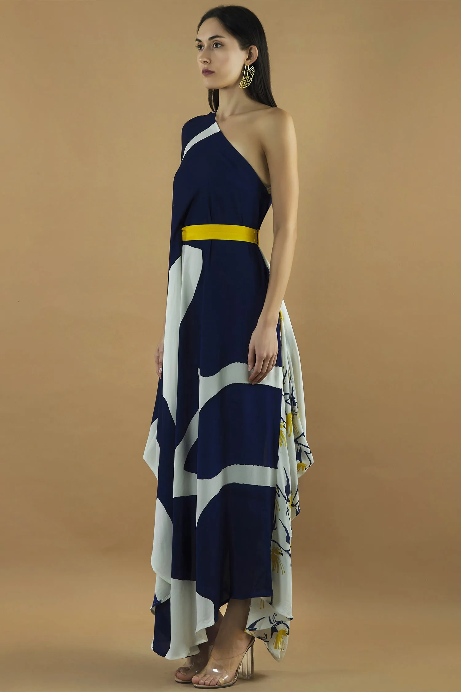 Abstract Printed Deep Blue Draped Dress