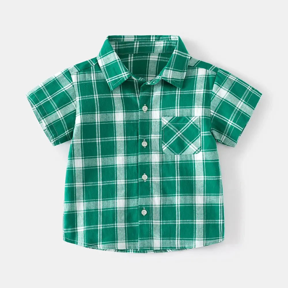 Baby Boy Green Plaid Short Sleeve Lapel Shirts