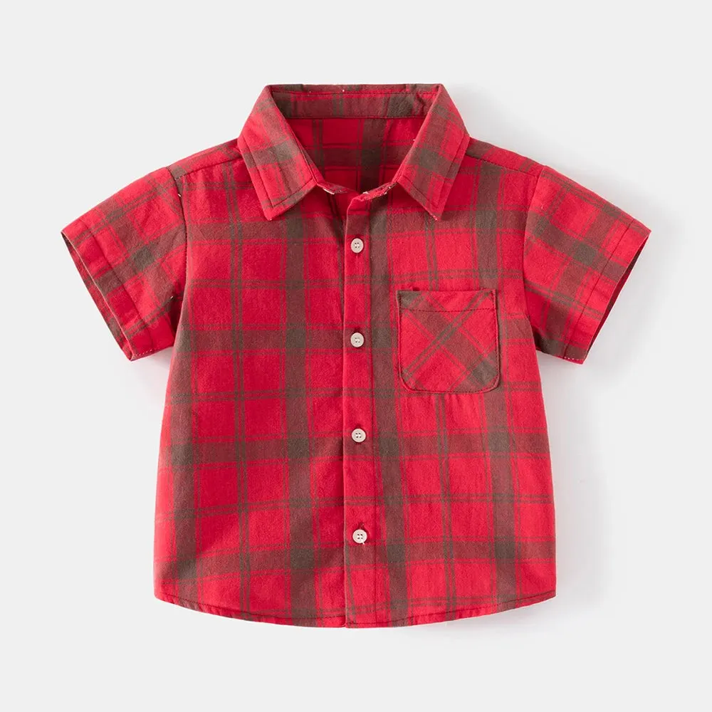 Baby Boy Green Plaid Short Sleeve Lapel Shirts