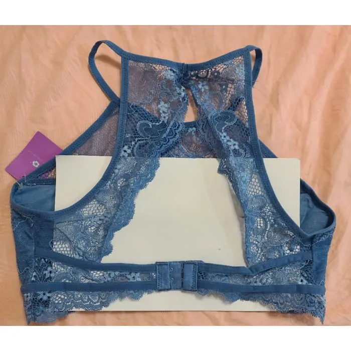 Blue High Neck Lace Bra