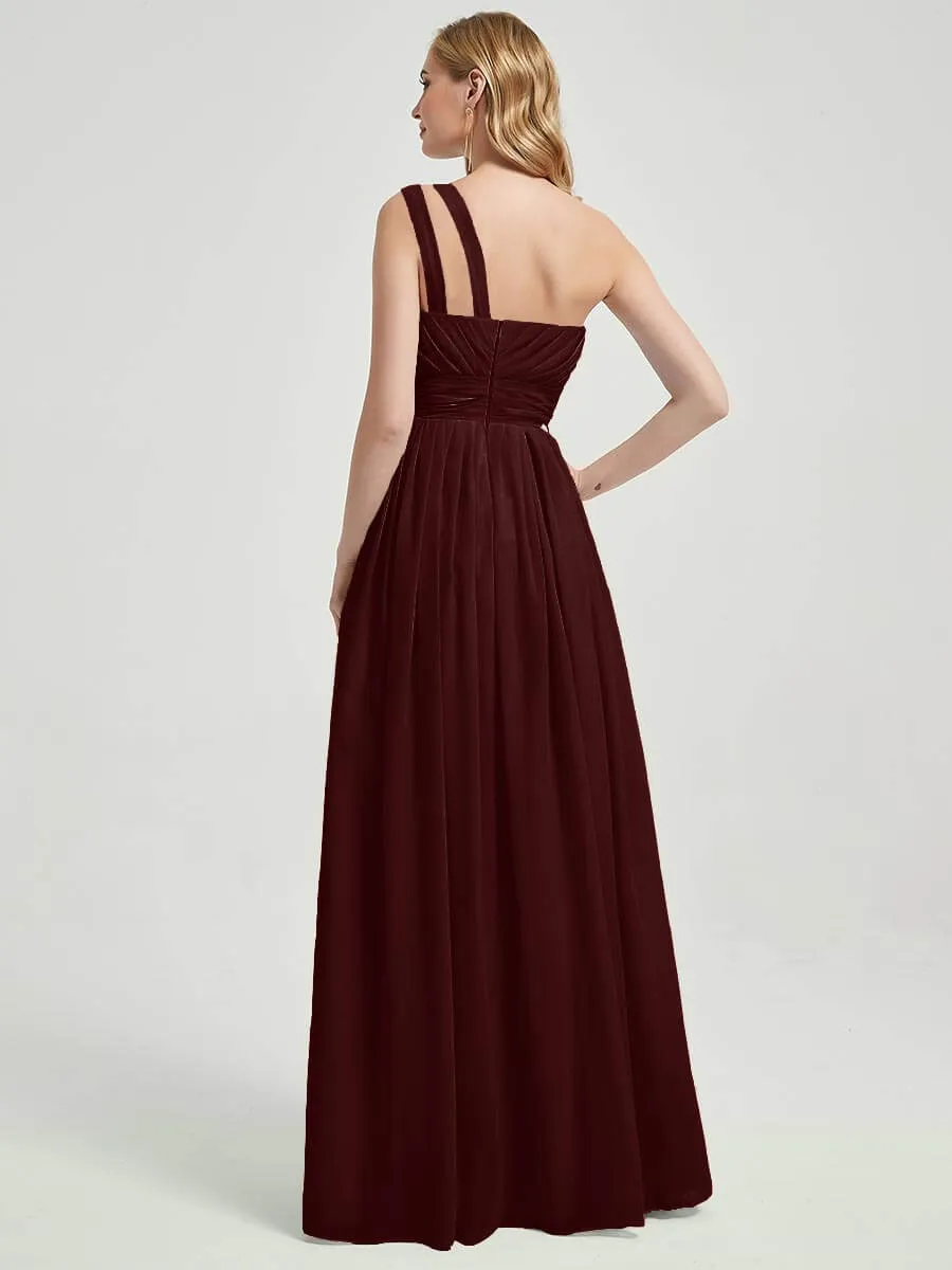 Burgundy One Shoulder A-Line Floor Length Chiffon Bridesmaid Dress