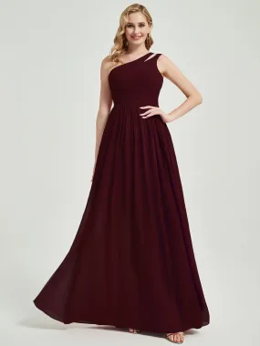 Burgundy One Shoulder A-Line Floor Length Chiffon Bridesmaid Dress