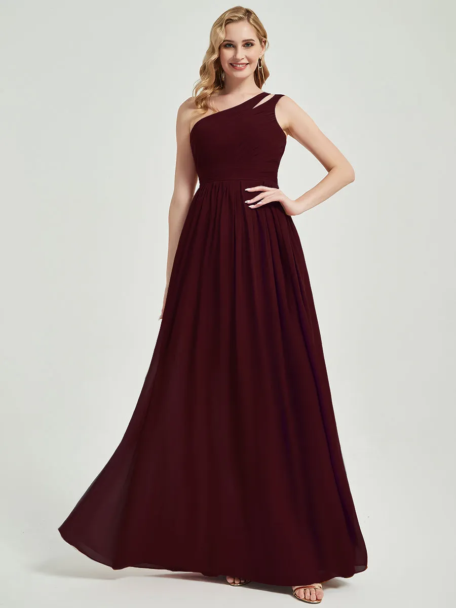 Burgundy One Shoulder A-Line Floor Length Chiffon Bridesmaid Dress