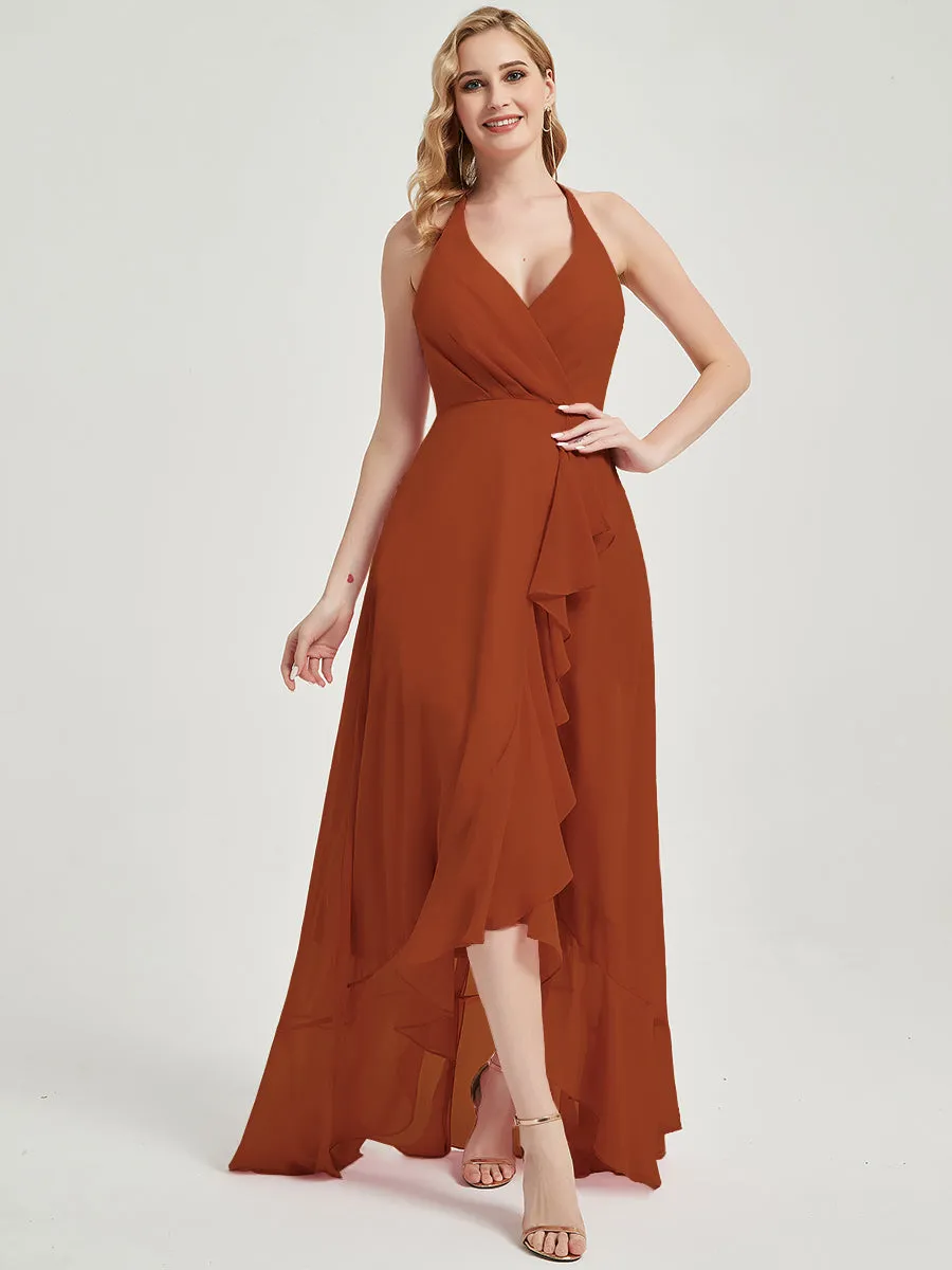 Burnt Orange Halter V-Neck Backless High Low Chiffon Bridesmaid Dress