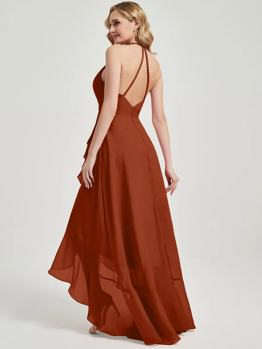 Burnt Orange Halter V-Neck Backless High Low Chiffon Bridesmaid Dress