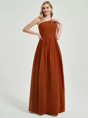 Burnt Orange One Shoulder A-Line Floor Length Chiffon Bridesmaid Dress