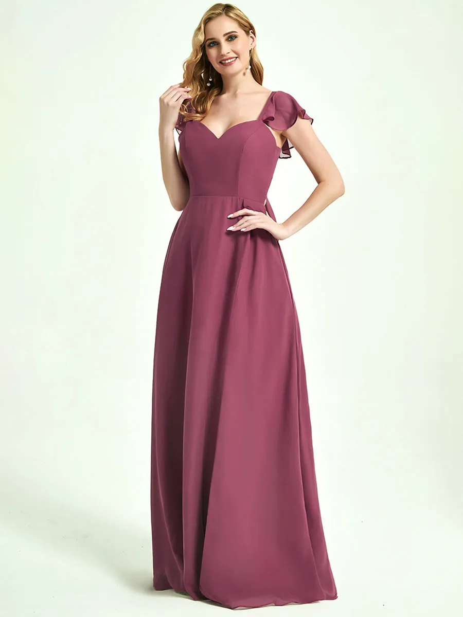 Burnt Orange Ruffle Cap Sleeve Floor Length Bridesmaid Dress With Slit