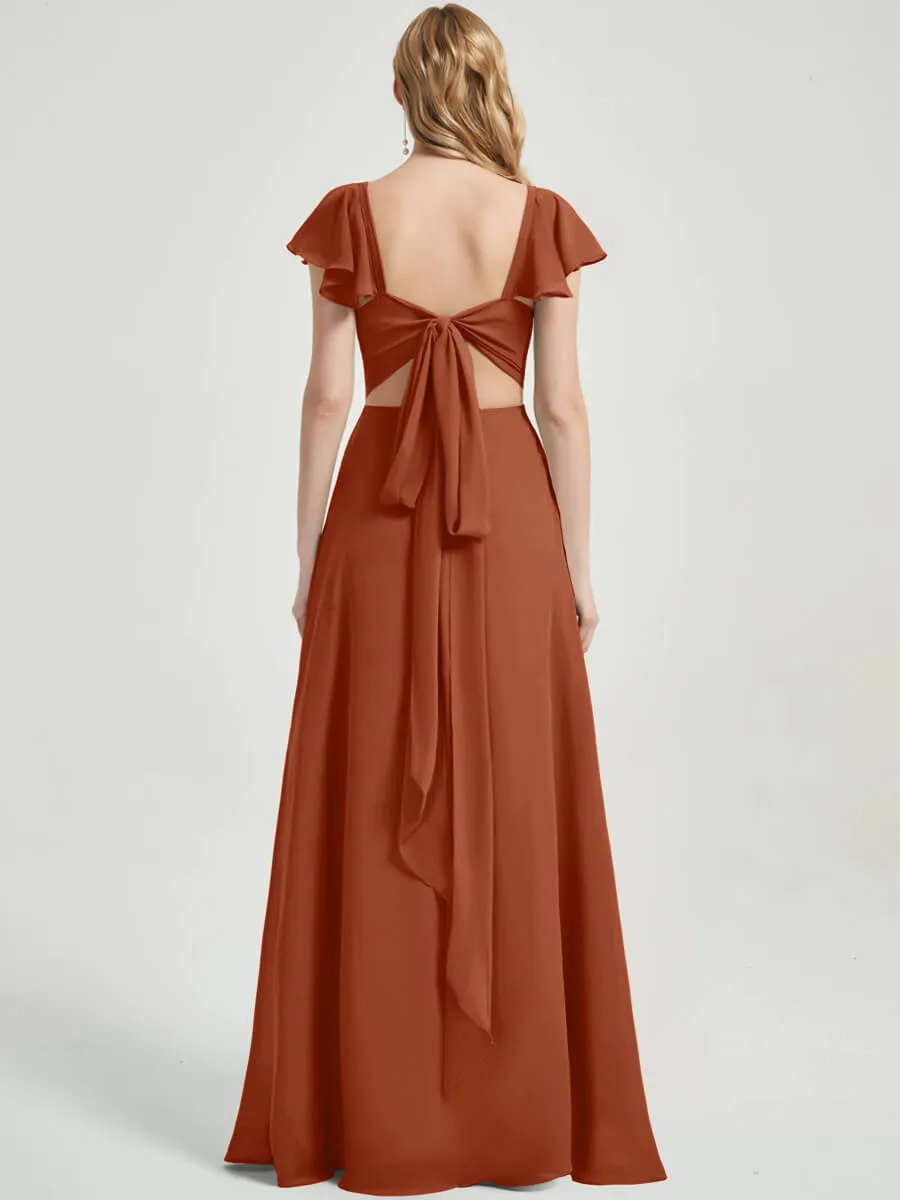 Burnt Orange Ruffle Cap Sleeve Floor Length Bridesmaid Dress With Slit