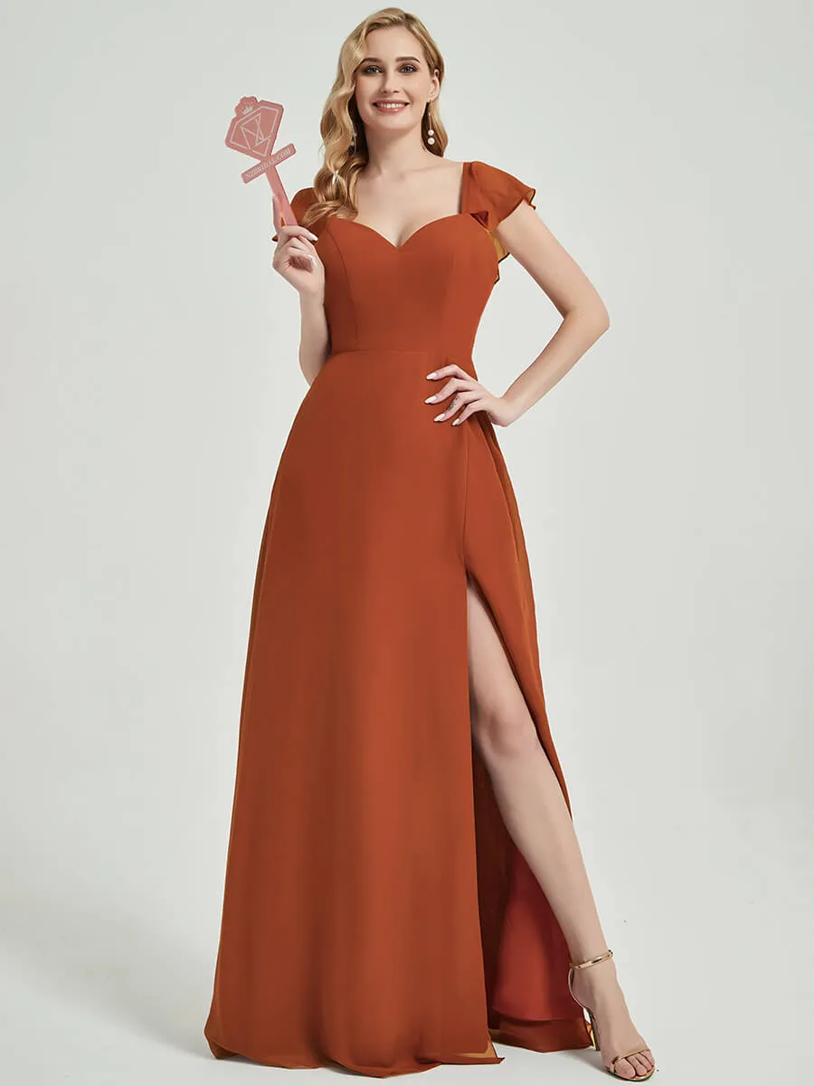 Burnt Orange Ruffle Cap Sleeve Floor Length Bridesmaid Dress With Slit