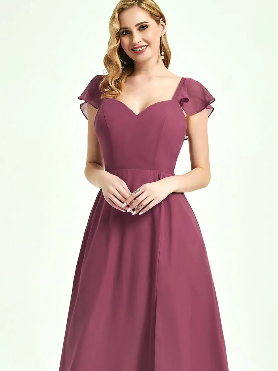 Burnt Orange Ruffle Cap Sleeve Floor Length Bridesmaid Dress With Slit