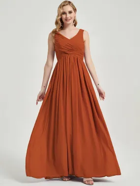 Burnt Orange V-Neck Sleeveless Empire Maxi Chiffon Bridesmaid Dress