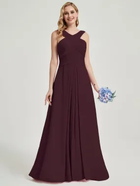 Cabernet Cross Neck A-Line Floor Length Chiffon Bridesmaid Dresses