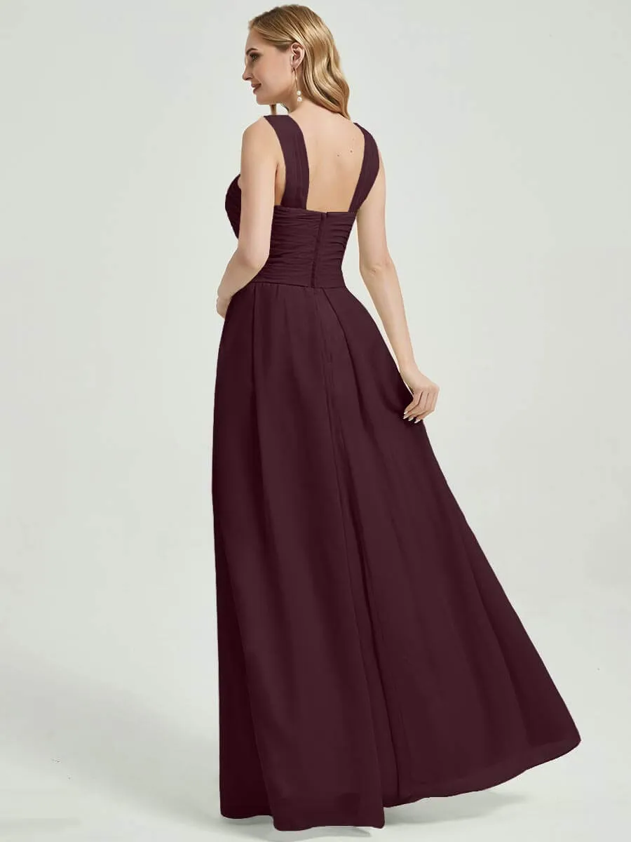 Cabernet Cross Neck A-Line Floor Length Chiffon Bridesmaid Dresses