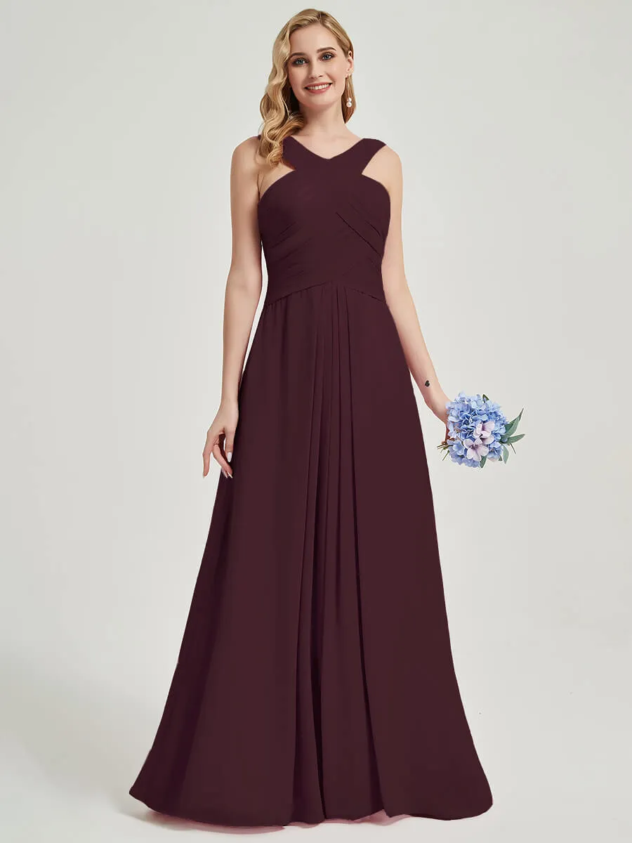 Cabernet Cross Neck A-Line Floor Length Chiffon Bridesmaid Dresses