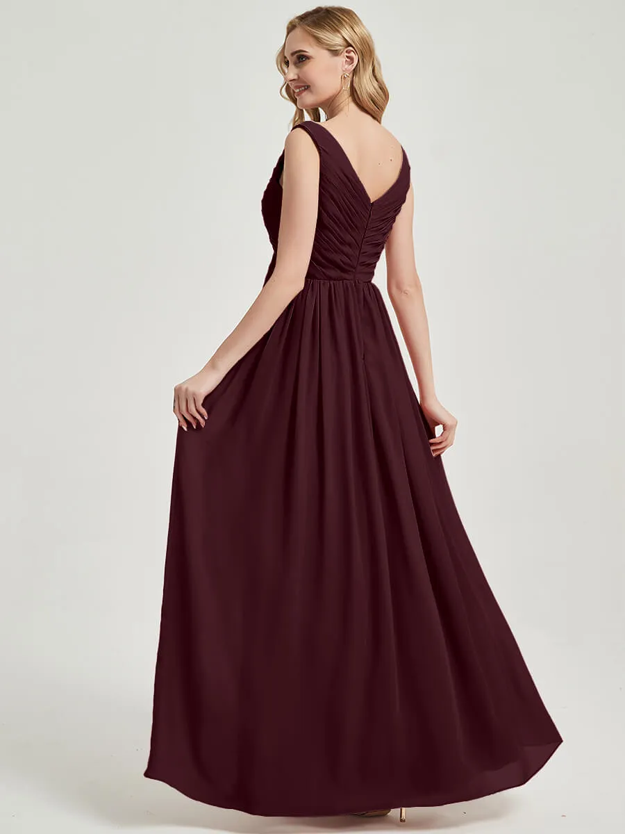 Cabernet Pleated V-Neck Sleeveless Empire Maxi Chiffon Bridesmaid Dress