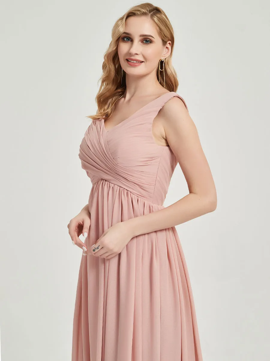 Cabernet Pleated V-Neck Sleeveless Empire Maxi Chiffon Bridesmaid Dress