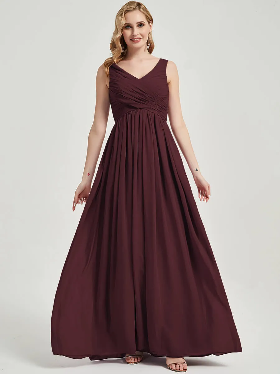 Cabernet Pleated V-Neck Sleeveless Empire Maxi Chiffon Bridesmaid Dress