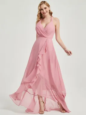 Candy Pink Halter V-Neck Backless High Low Chiffon Bridesmaid Dress