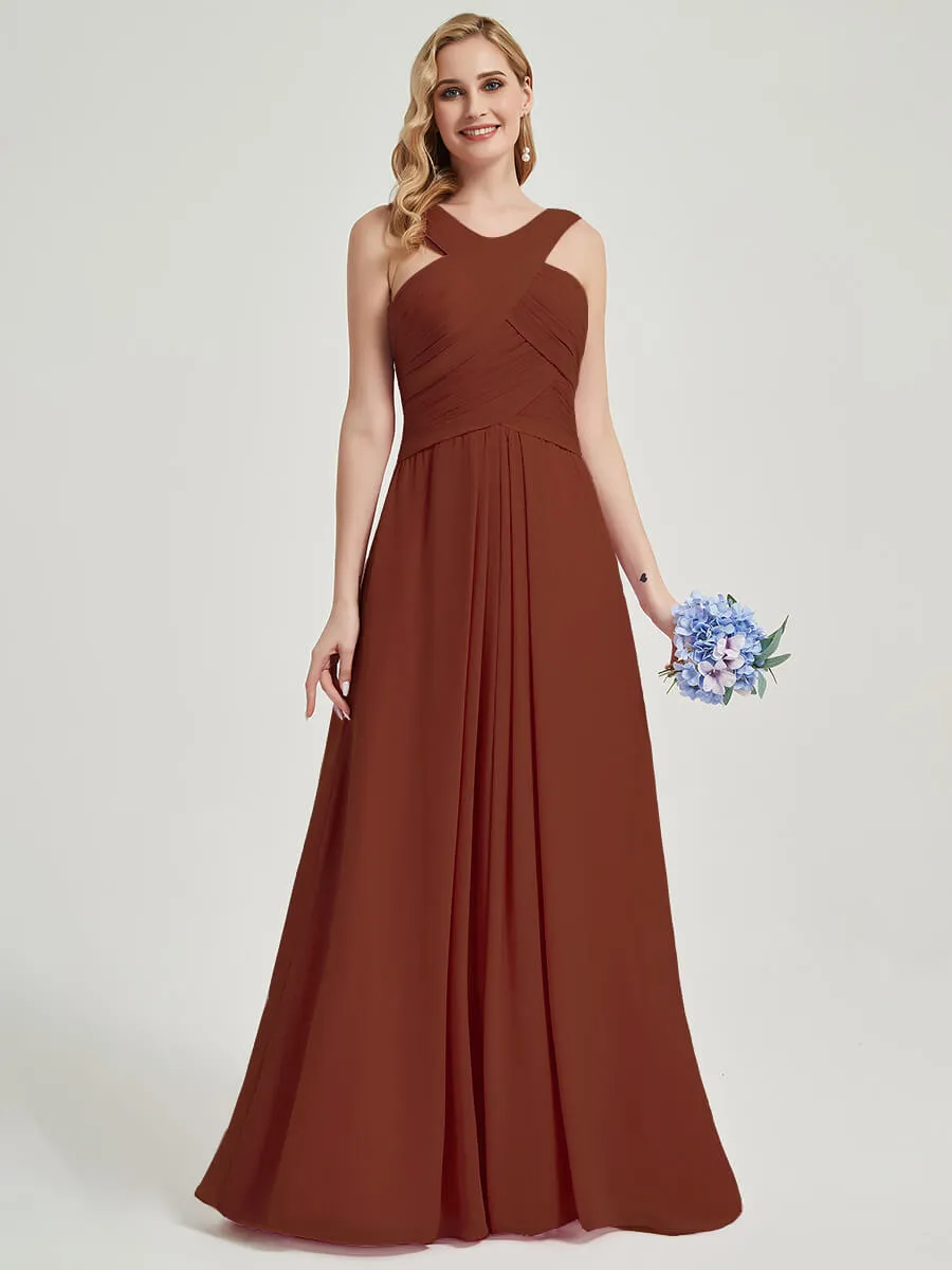 Cinnamon Rose V-Neck A-Line Floor Length Chiffon Bridesmaid Dresses