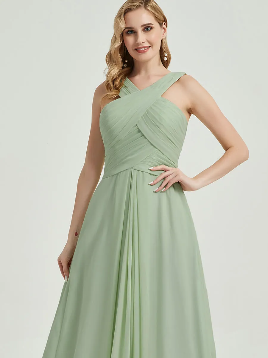 Cinnamon Rose V-Neck A-Line Floor Length Chiffon Bridesmaid Dresses