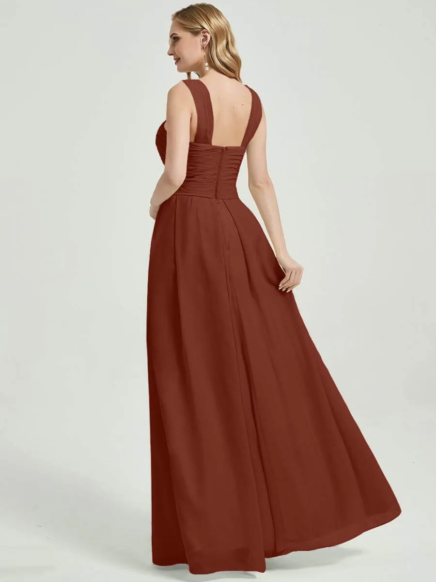 Cinnamon Rose V-Neck A-Line Floor Length Chiffon Bridesmaid Dresses