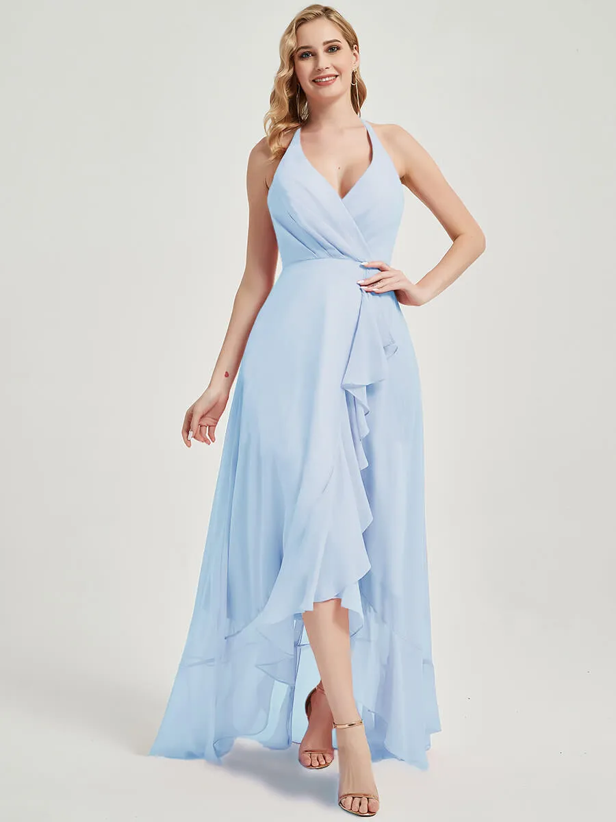 Cornflower Blue Halter Backless High Low Chiffon Bridesmaid Dress