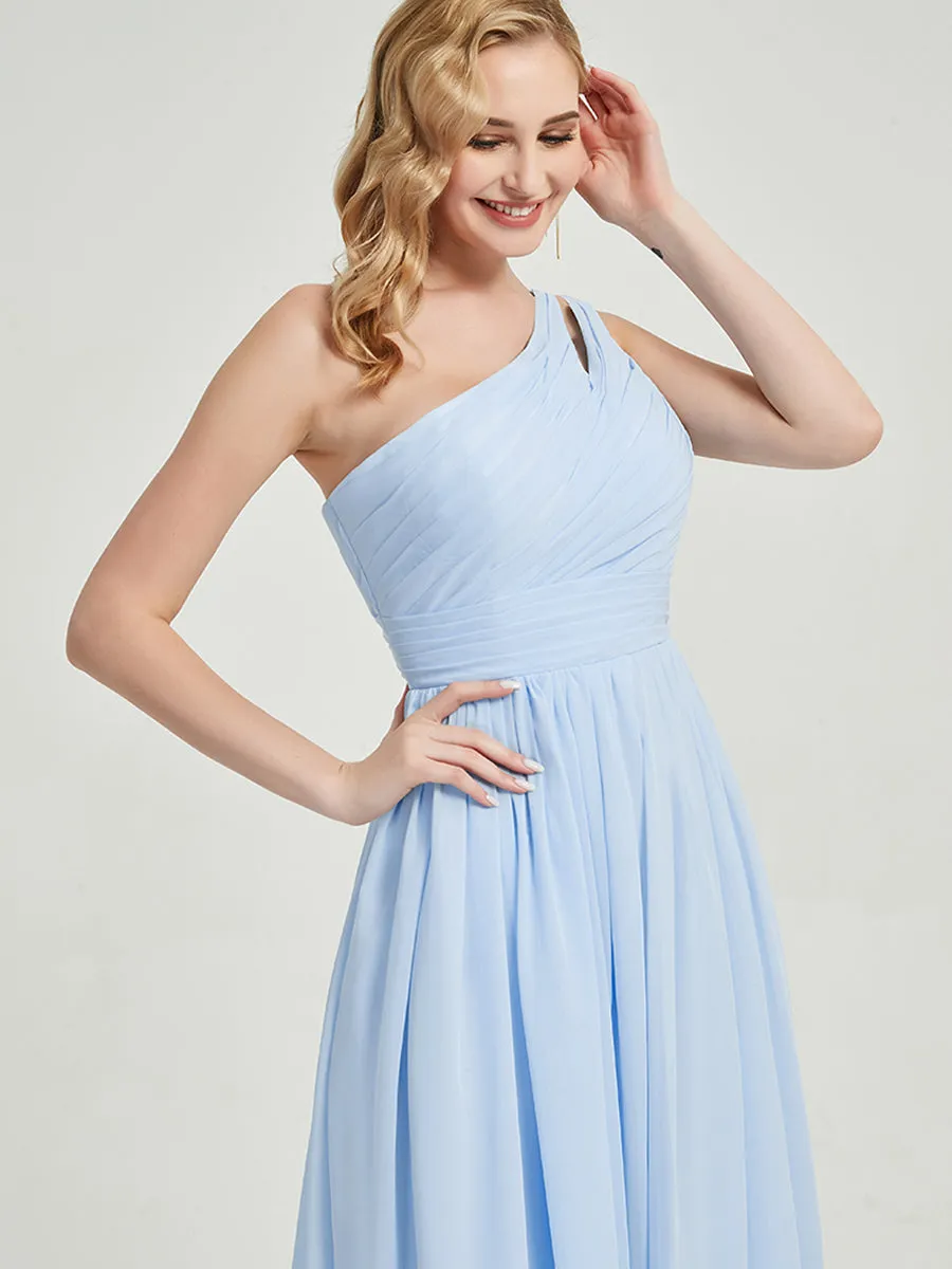 Cornflower Blue One Shoulder Floor Length Chiffon Bridesmaid Dress