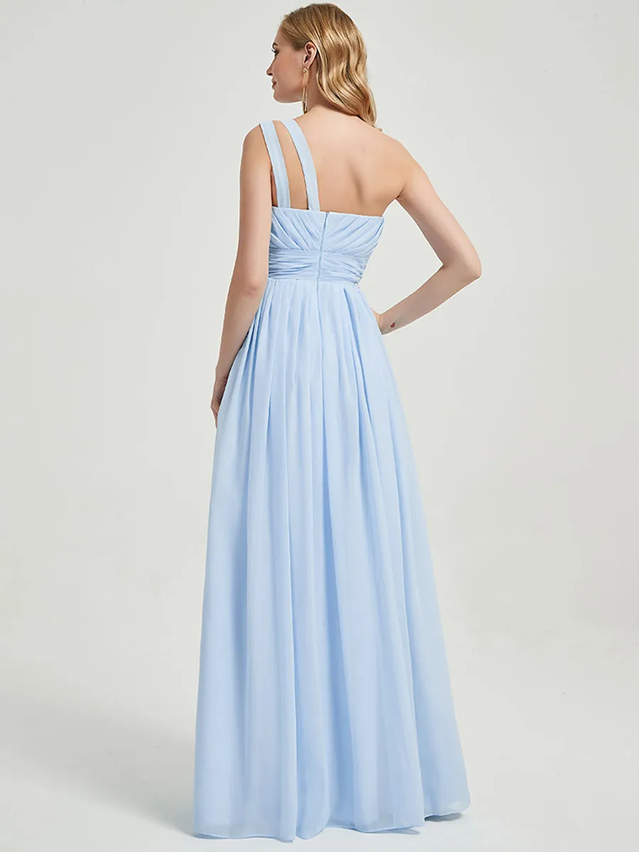 Cornflower Blue One Shoulder Floor Length Chiffon Bridesmaid Dress