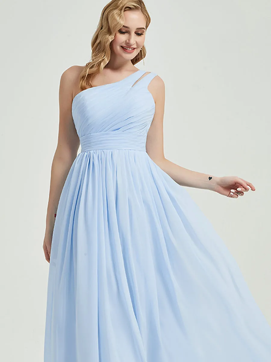 Cornflower Blue One Shoulder Floor Length Chiffon Bridesmaid Dress