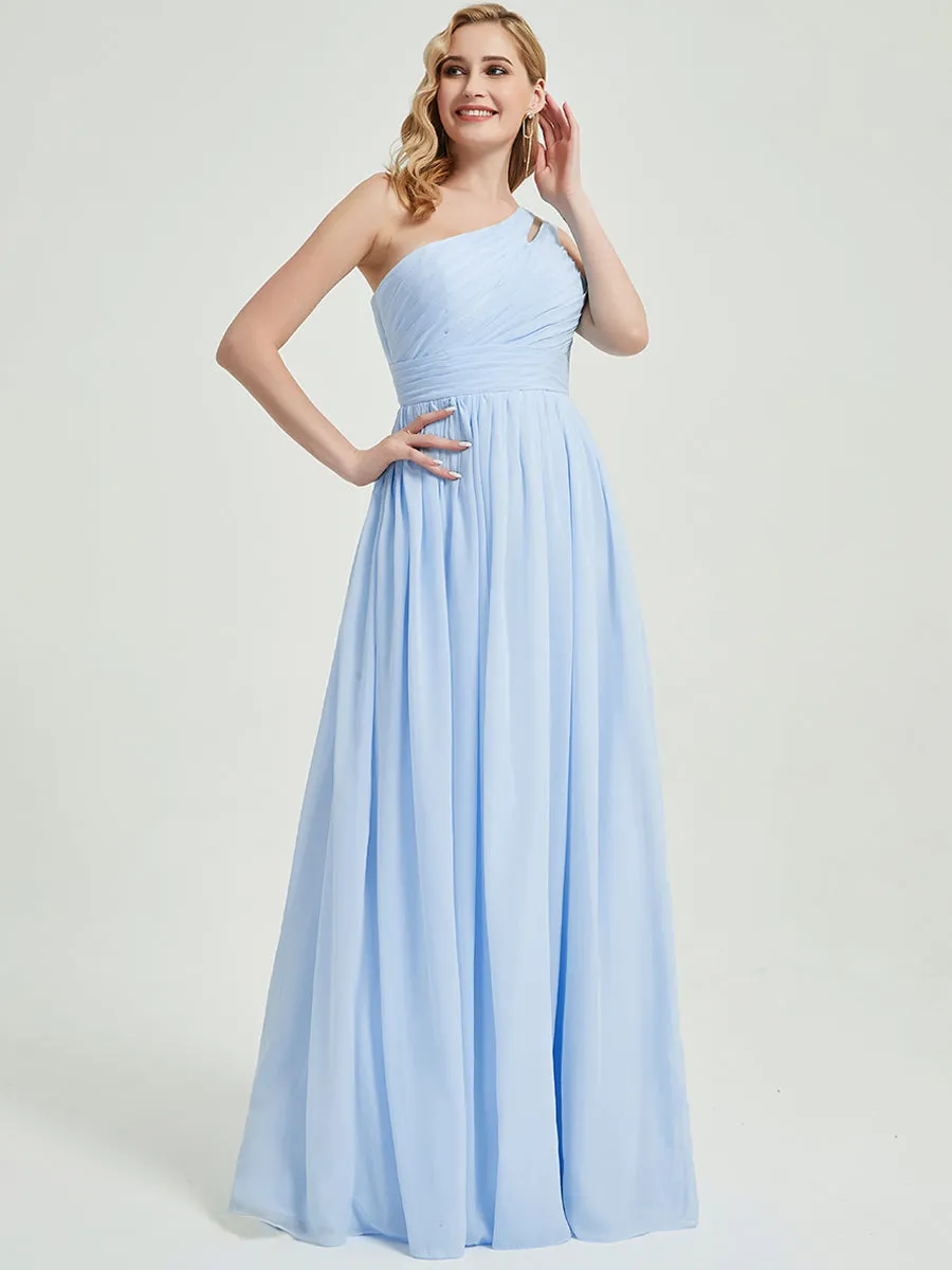 Cornflower Blue One Shoulder Floor Length Chiffon Bridesmaid Dress