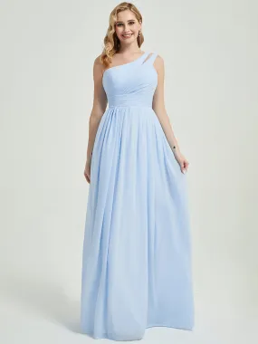 Cornflower Blue One Shoulder Floor Length Chiffon Bridesmaid Dress