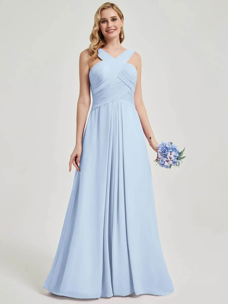 Cornflower Blue V-Neck A-Line Floor Length Chiffon Bridesmaid Dresses