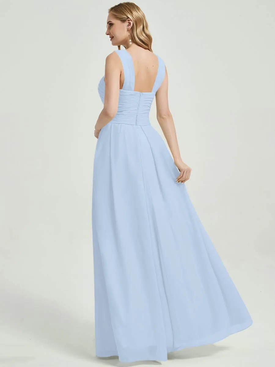 Cornflower Blue V-Neck A-Line Floor Length Chiffon Bridesmaid Dresses