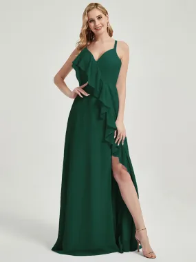 Criss-Cross Straps Ruffles Slit Chiffon Bridesmaid Dress Emerald Green