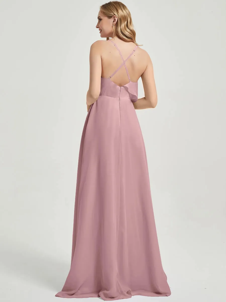 Criss-Cross Straps Ruffles Slit Chiffon Bridesmaid Dress Vintage Mauve