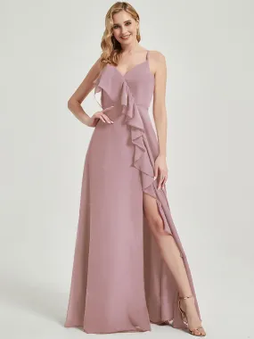 Criss-Cross Straps Ruffles Slit Chiffon Bridesmaid Dress Vintage Mauve