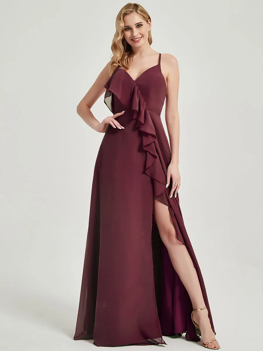 Criss-Cross Straps Ruffles Slit Chiffon Bridesmaid Dress Vintage Mauve