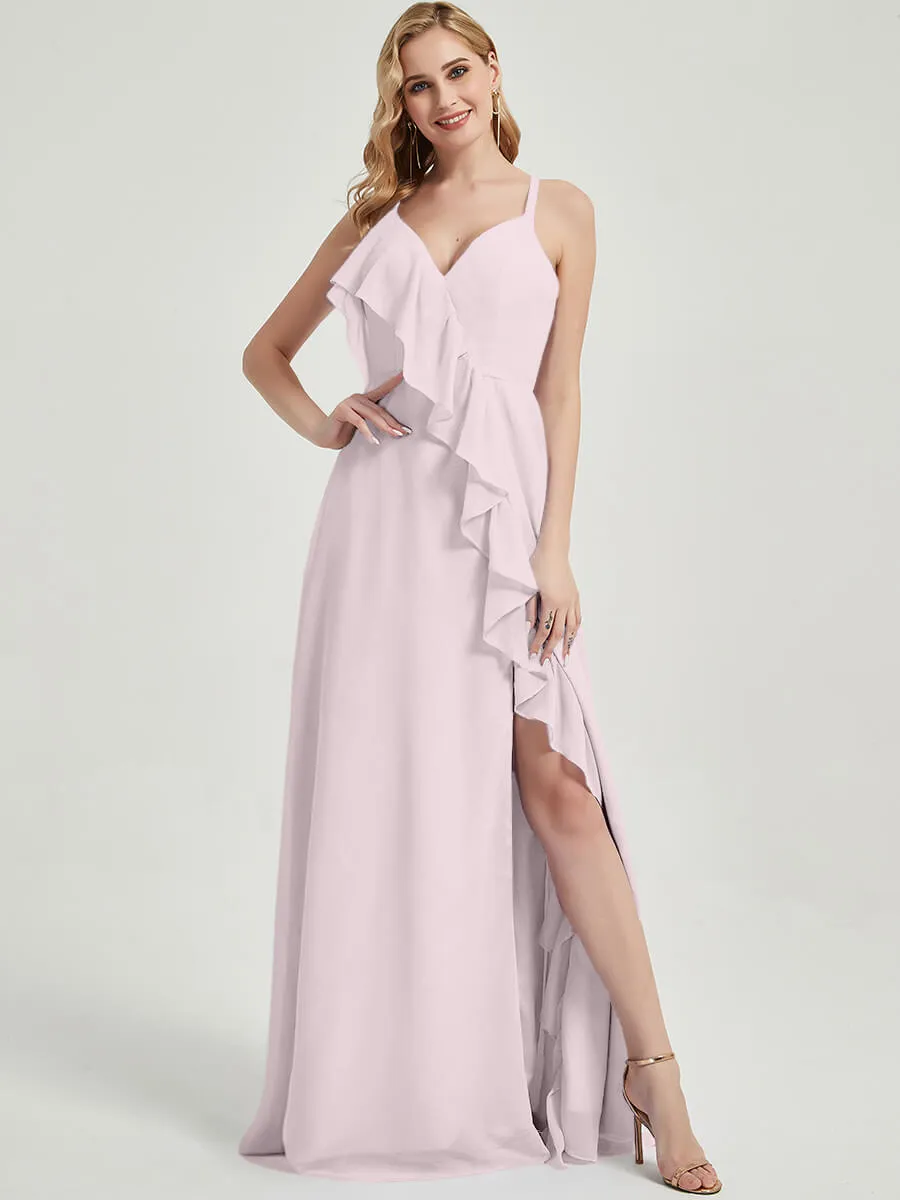 Criss-Cross Straps Ruffles Slit Chiffon Maxi Bridesmaid Dress Pale Rose