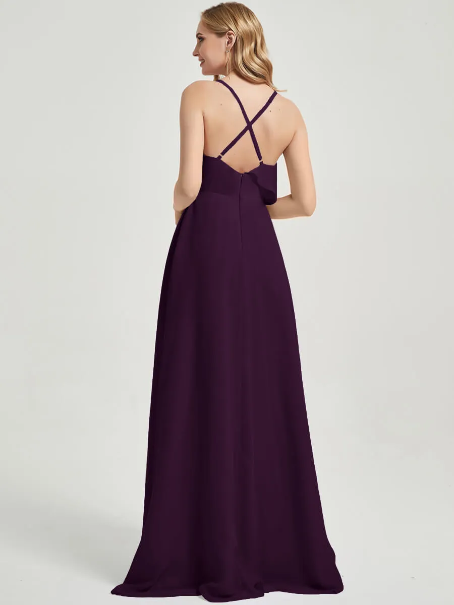 Criss-Cross Straps Ruffles Slit Chiffon Maxi Bridesmaid Dress Plum