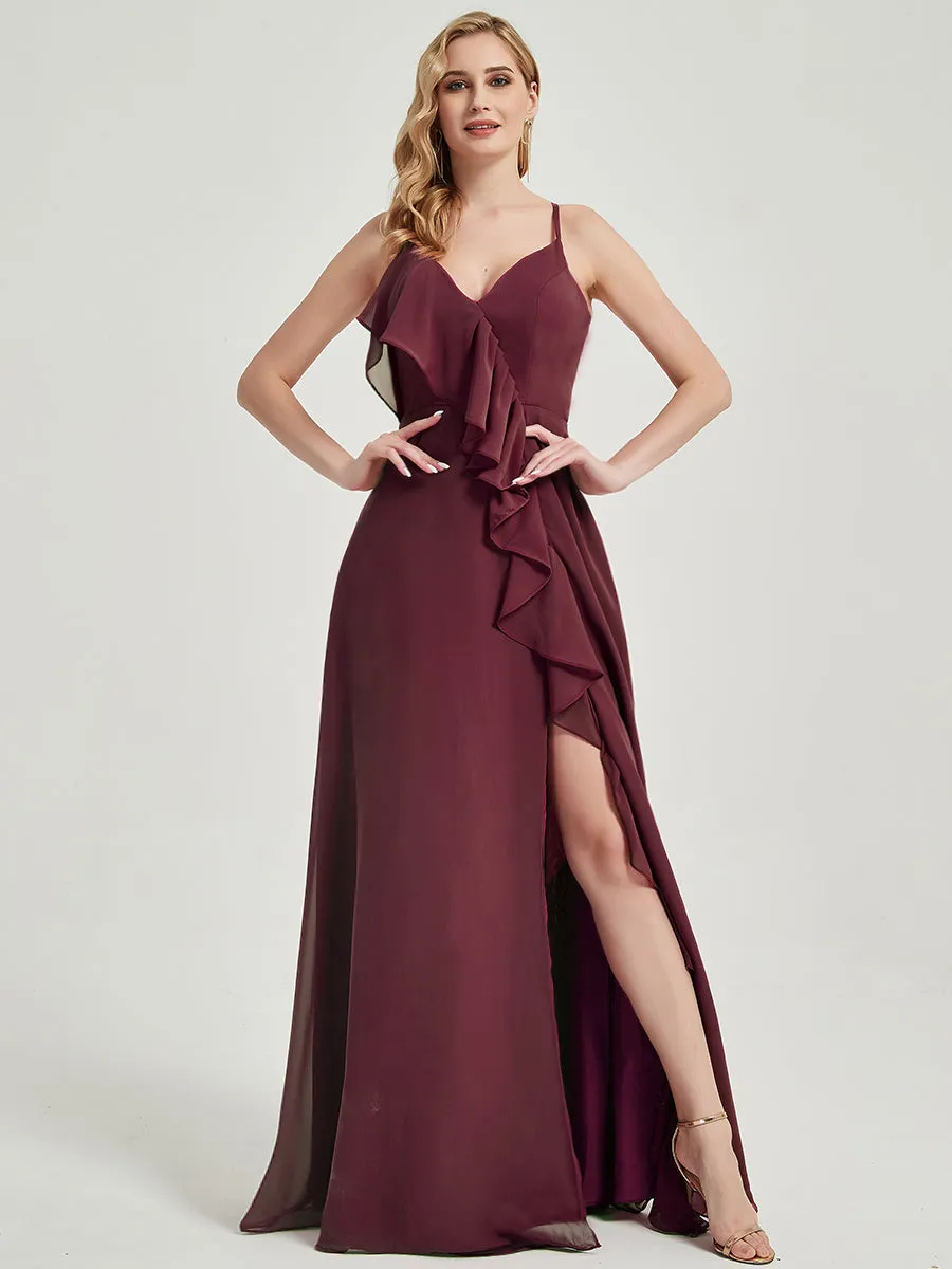 Criss-Cross Straps Ruffles Slit Chiffon Maxi Bridesmaid Dress Plum