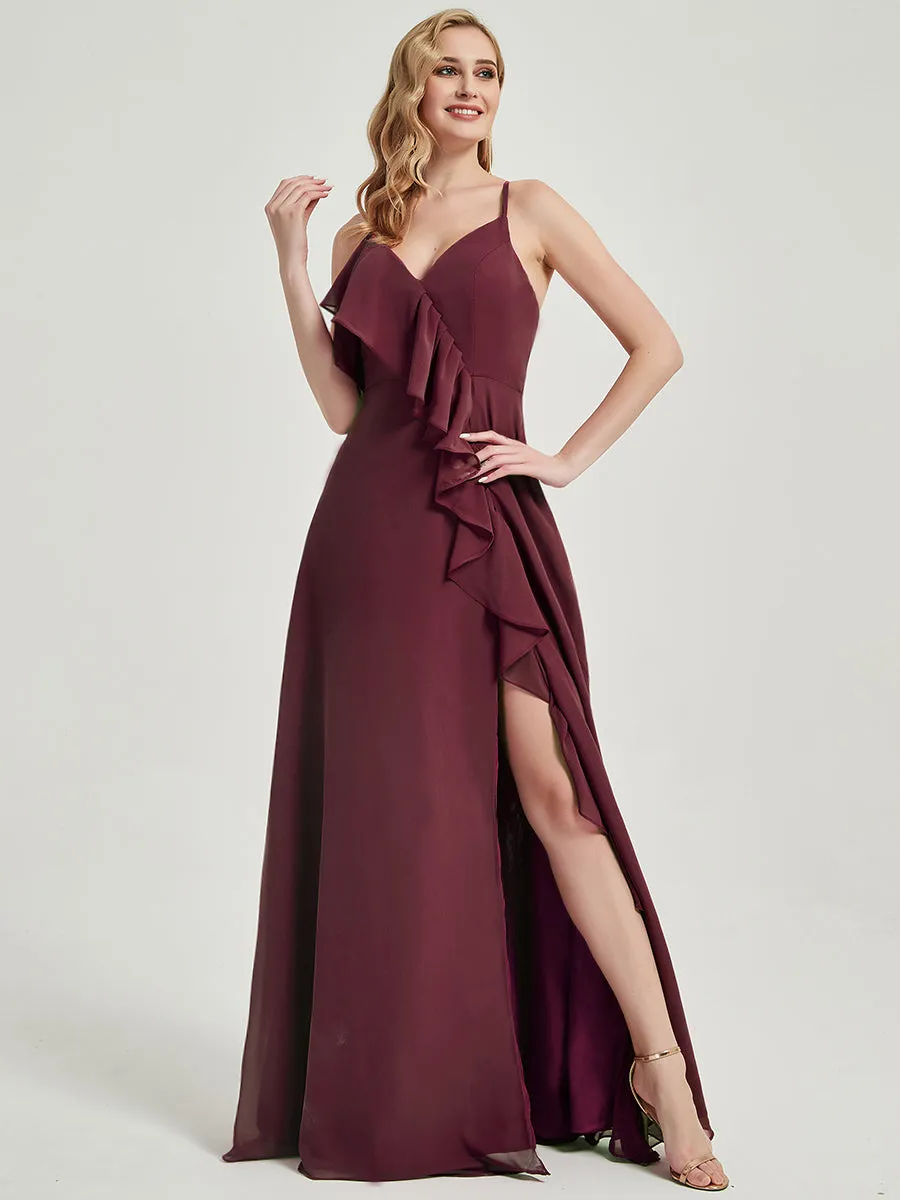 Criss-Cross Straps Ruffles Slit Chiffon Maxi Bridesmaid Dress Plum