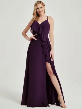 Criss-Cross Straps Ruffles Slit Chiffon Maxi Bridesmaid Dress Plum